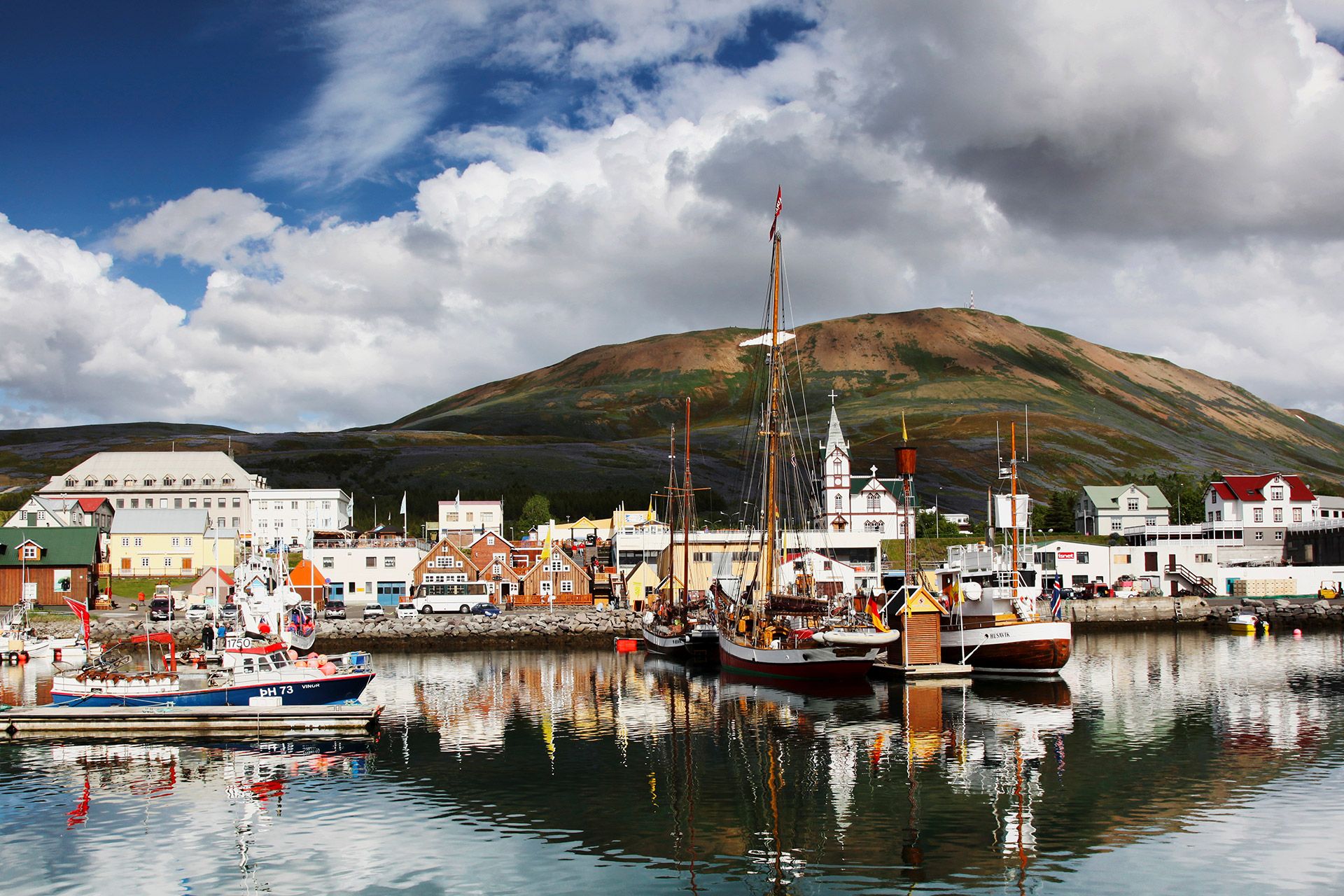 View of Husavik harbour from the sea.