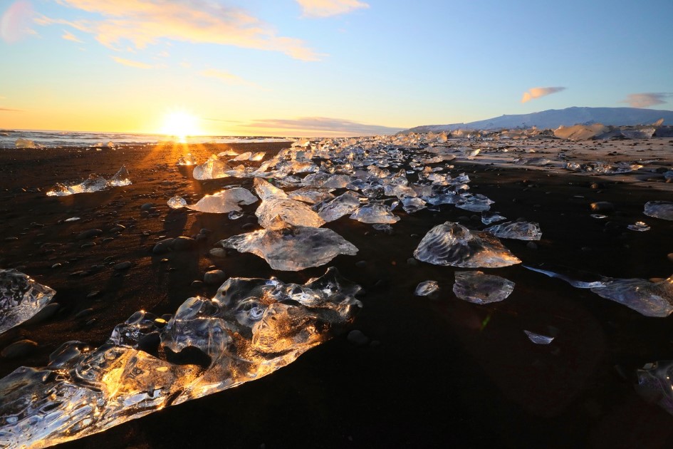 Ice pieces shining in the sunset light on the black sand beach.