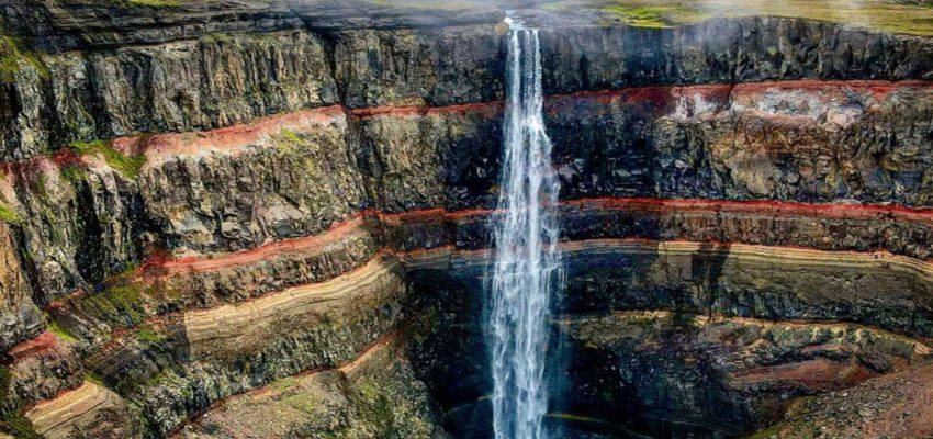 Aerial view of Hengifoss waterfall.