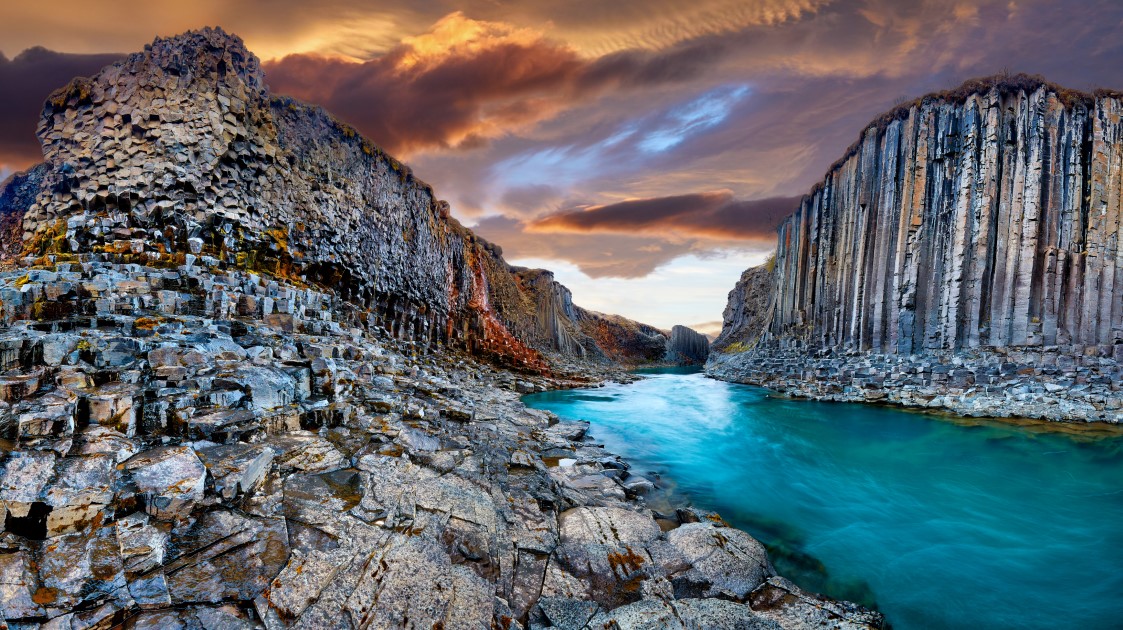 View of Studlagil canyon on a stormy day.