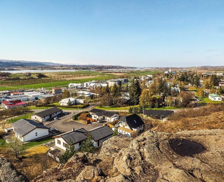 Aerial view of the Egilsstaðir town during spring.