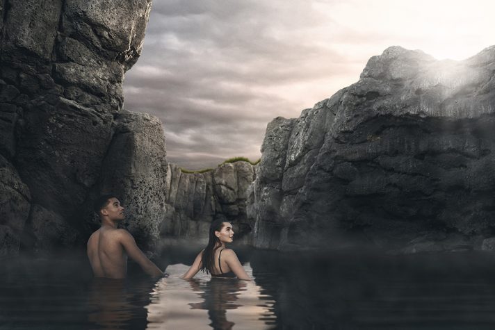 Couple enjoying the Sky Lagoon spa.