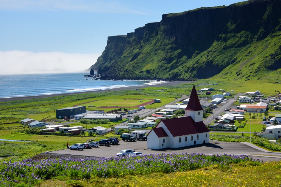 View over the Vik town with the church.